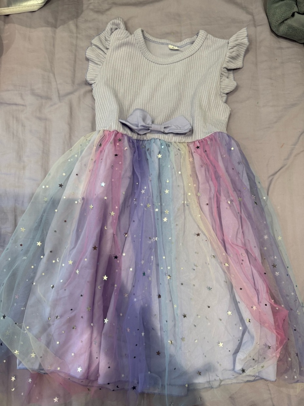 Girls Pastel Star Tulle Dress with Bow - Light Purple rainbow